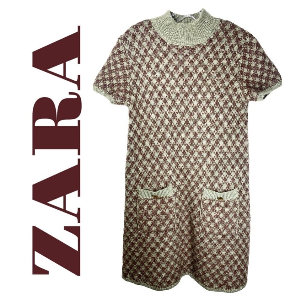 ZARA BLOGGER FAVE Wool Houndstooth Mock Neck Mini Sweater Dress,‎ Large